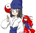  1boy 1girl bangs black_hair blue_capelet blue_hakama blue_headwear blue_pants blunt_bangs capelet hakama horns japanese_clothes kimono long_hair nonamejd orb pants red_eyes red_hair red_hakama red_skirt shingyoku_(female) shingyoku_(male) shingyoku_(touhou) shirt skirt touhou touhou_(pc-98) white_kimono white_shirt yin_yang yin_yang_orb zun_(style) 