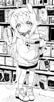  1girl absurdres ahoge bag bangs carrot child commentary_request ears_down full_body greyscale highres ishita_umi long_hair long_sleeves looking_at_viewer monochrome object_hug oguri_cap_(umamusume) parted_lips shoes shopping_bag shorts solo speech_bubble standing supermarket sweater tearing_up translation_request umamusume wavy_mouth 