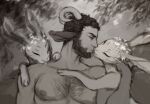  2018 accessory ambiguous_gender ambiguous_on_humanoid beard bestiality body_hair chest_hair crookedtrees detailed_background embrace eyes_closed facial_hair feral flower flower_in_hair flowers_in_hair front_view greyscale group hair hair_accessory horn humanoid humanoid_on_feral kissing lagomorph leporid male male/ambiguous male_on_feral mammal monochrome muscular muscular_male outside plant rabbit satyr trio 