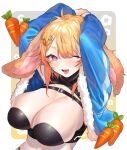  1girl arms_up bangs blue_jacket bonnie_(bunny_gif) breasts brown_hair carrot carrot_hair_ornament cleavage food-themed_hair_ornament fur_trim hair_ornament hairclip highres indie_virtual_youtuber jacket large_breasts makita_(vector1525) navel one_eye_closed open_mouth purple_eyes shadow smile solo upper_body 
