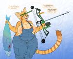  anthro arrow_(weapon) big_breasts big_ears black_nose blood bodily_fluids bow_(weapon) breast_squish breasts clothed clothing compound_bow denim dialogue dialogue_box english_text fangs felid feline felis female fish fishing fishing_line fur green_eyes half-closed_eyes headgear headwear hi_res ineffective_clothing kaboozey mammal marine markings narrowed_eyes nipples open_mouth overalls overalls_only overweight partially_clothed partially_clothed_anthro ranged_weapon rayne_(kaboozey) serval sharp_teeth solo speech_bubble squish striped_body striped_fur striped_markings stripes teeth text thick_thighs topless visor weapon whiskers wide_hips 