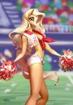  absurd_res anthro blonde_hair bottomwear breasts cheerleader cleavage clothed clothing equid equine eyebrows eyelashes female hair hi_res holivi horse looking_at_viewer mammal midriff navel outside pom_poms shirt shorts solo stadium tied_shirt topwear 