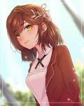 1girl bangs blue_sky blurry blurry_background border brown_hair chiisaisan closed_mouth earrings green_eyes hair_ornament highres jacket jewelry lips long_hair long_sleeves looking_at_viewer outdoors pink_shirt polo_shirt red_jacket rosa_(tears_of_themis) shirt sky smile solo tears_to_tiara 