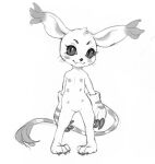  2017 anthro bandai_namco blush claws clothing crookedtrees digimon digimon_(species) ear_tuft featureless_crotch female front_view gatomon gloves greyscale handwear looking_at_viewer monochrome multi_nipple nipples simple_background solo standing tuft white_background 
