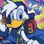  1:1 anatid anseriform anthro avian backwards_baseball_cap backwards_hat baseball_cap beak bird blue_clothing blue_jacket blue_topwear clothed clothing disc_jockey disney donald_duck duck gesture graffiti hat headgear headphones headwear hi_res jacket male megawolf77 open_beak open_mouth orange_beak raised_finger raised_index_finger record solo topwear turntable_(record_player) white_body 