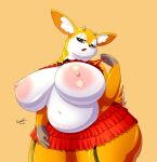  2021 absurd_res aggressive_retsuko anthro big_breasts bottomwear breasts cervid clothing digital_media_(artwork) female fingers fur hi_res huge_breasts mammal multicolored_body multicolored_fur open_mouth overweight overweight_female ranthfox sanrio skirt thick_thighs tsunoda two_tone_body two_tone_fur 