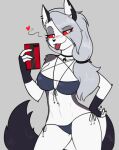  &lt;3 2021 anthro bikini blush breasts canid canid_demon cellphone clothed clothing demon ear_piercing ear_ring female fur grey_hair hair heart_reaction hellhound helluva_boss hi_res looking_at_viewer loona_(helluva_boss) mammal phone piercing red_sclera selfie simple_background solo swimwear tongue tongue_out wbnsfwfactory white_body white_fur 