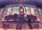  1girl accuracy_international ai_arctic_warfare bag bolt_action brown_footwear brown_hair building commentary_request damaged from_ground ground_vehicle gun holding holding_gun holding_weapon loafers mecha_musume mechanical_parts necktie original overgrown red_eyes red_necktie rifle scope shoes sitting skirt skyscraper sniper_rifle thighhighs thighs train train_interior weapon yasumo_(kuusouorbital) zettai_ryouiki 
