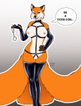  absurd_res anthro canid canine collar cynthiafeline dominant dominant_female english_text female fox good_girl handcuffs harness hi_res lucy mammal nipples restraints rubber shackles smile smiling_at_viewer solo speech_bubble text 