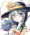  1girl blue_eyes blush breasts cleavage green_hair hair_between_eyes hat heart heart-shaped_pupils komeiji_koishi long_hair looking_at_viewer rigorigo simple_background small_breasts smile solo symbol-shaped_pupils third_eye touhou upper_body white_background 