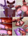  2021 anal anal_masturbation anal_penetration anthro anus bonnie_(fnaf) butt canid canine clothing comic deancrazz dialogue duo english_text erection five_nights_at_freddy&#039;s fox foxy_(fnaf) fur genitals group hi_res lagomorph leporid machine male male/male mammal masturbation nude penetration penis profanity rabbit smile spread_anus spreading suit text video_games 