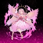  1girl arm_up black_background bomhat closed_mouth collarbone commentary dress full_body halo highres light_smile long_hair long_sleeves looking_at_viewer magic off-shoulder_dress off_shoulder original pink_background pink_dress pink_hair purple_eyes sandals solo wings 