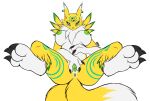  2_tails 3_fingers 3_toes anthro anus areola bandai_namco biped black_claws black_sclera blush breasts canid canine chest_tuft claws digimon digimon_(species) ear_piercing ear_ring facial_markings feet female fingers fox fur genitals gloves_(marking) green_ear_ring green_eyes green_markings green_nipples green_pussy hand_on_stomach head_markings hi_res jade_xaryu lamont786 leaning leaning_back leg_markings looking_at_viewer mammal markings multi_tail nipples nude paws piercing presenting presenting_pussy pussy renamon renamon_x simple_background socks_(marking) solo spread_pussy spreading toes tuft white_background white_body white_fur yellow_body yellow_fur yin_yang 