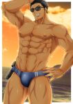  1boy abs bara beach blue_male_swimwear bulge highres looking_at_viewer male_focus male_swimwear mature_male muscular muscular_male original short_hair smile solo sunglasses sunset swim_briefs topless_male user_hrpe5533 