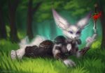  2021 4_fingers anthro artist_name blizzard_entertainment blue_eyes breasts canid clothed clothing dagger detailed_background ear_piercing female fingers forest fully_clothed fur grass light lighting mammal melee_weapon milkwyvern outside piercing plant shaded smile solo tree video_games vulpera warcraft weapon white_body white_fur 