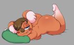  2021 3_toes animal_crossing anthro big_butt blue_eyes breasts brown_hair butt canberra_(animal_crossing) feet female hair hi_res huge_butt koala licking looking_at_viewer lying mammal marsupial nintendo nude on_front one_eye_closed pillow saltyxodium self_lick solo thick_thighs toes tongue tongue_out video_games vombatiform 