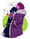  &lt;3 ambiguous_gender anthro astanhel blue_body blue_hair blush breath clothing cold deltarune duo embrace female hair hi_res hug human jacket kris_(deltarune) mammal pattern_clothing pattern_scarf pink_body purple_hair reptile scalie scarf striped_clothing striped_scarf stripes susie_(deltarune) topwear undertale_(series) video_games yellow_eyes 