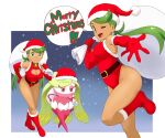  1girl bangs bell belt black_belt boots border breasts character_request christmas cleavage_cutout closed_mouth clothing_cutout commentary_request dark-skinned_female dark_skin elbow_gloves english_text full_body fur-trimmed_leotard gloves green_eyes green_hair hand_on_hip hat heart_cutout highres holding holding_sack leaning_forward leotard long_hair looking_at_viewer low_twintails mallow_(pokemon) medium_breasts merry_christmas multiple_views neck_bell outside_border over_shoulder pokemon pokemon_(creature) red_footwear red_gloves red_headwear red_leotard sack santa_boots santa_costume santa_gloves santa_hat simple_background sleeveless smile snowing standing swept_bangs tof twintails white_background white_border 