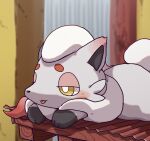  ambiguous_gender black_body black_fur black_nose blep blush feral fur hi_res hisuian_zorua ke_mo_suke lying nintendo outside paws pok&eacute;mon pok&eacute;mon_(species) pokemon_legends_arceus red_body red_fur rooftop solo tongue tongue_out video_games white_body white_fur 