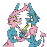  1:1 2021 3_fingers alpha_channel anthro blue_body blue_fur claws damaged demon digital_drawing_(artwork) digital_media_(artwork) duo ear_piercing fangs fingers frown fur green_eyes grin gun hair hare hase_(krolik) hi_res hodgepodge_(krolik) holding_object horn krolik lagomorph leporid long_ears long_tail male mammal multicolored_body multicolored_fur piercing pink_body pink_fur pose rabbit ranged_weapon red_eyes scar sharp_teeth signature smile standing surgical_suture teeth undead weapon yellow_eyes yellow_sclera zombie 