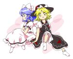  2girls back_bow black_headwear black_ribbon black_skirt black_vest blonde_hair bloomers blue_eyes blue_hair bobby_socks bow collared_vest dress fedora frilled_dress frills hat hat_bow mai_(touhou) medium_hair multiple_girls necktie nonamejd puffy_short_sleeves puffy_sleeves ribbon shirt short_hair short_sleeves simple_background sitting skirt socks touhou touhou_(pc-98) underwear vest white_background white_bow white_dress white_legwear white_necktie white_ribbon white_shirt yellow_eyes yuki_(touhou) zun_(style) 