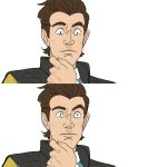  5_fingers borderlands brown_hair clothed clothing digital_media_(artwork) fingers hair heterochromia human human_only looking_at_viewer male mammal natalie_de_corsair not_furry rhys_(borderlands) simple_background solo straight_face video_games 