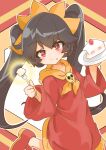  1girl absurdres ashley_(warioware) bangs black_hair blush cake cake_slice dress eating eyebrows_visible_through_hair food food_on_face fork hairband highres holding holding_fork holding_plate long_hair long_sleeves looking_at_viewer neckerchief orange_hairband orange_neckerchief plate red_dress red_eyes red_footwear twintails utro0924 very_long_hair warioware wide_sleeves 