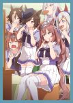  6+girls \m/ ahoge animal_ears black_headwear blue_eyes breasts brown_hair carrot commentary_request daiwa_scarlet_(umamusume) eyebrows_visible_through_hair hair_over_one_eye hairband horse_ears horse_girl horse_tail inu_(aerodog) long_hair mihono_bourbon_(umamusume) mouth_hold multicolored_hair multiple_girls oguri_cap_(umamusume) open_mouth pleated_skirt purple_eyes rice_shower_(umamusume) sailor_collar school_uniform silver_hairband sitting skirt smile streaked_hair tail tamamo_cross_(umamusume) thighhighs thighs tiara tilted_headwear tongue tongue_out tracen_school_uniform umamusume vodka_(umamusume) white_legwear white_sailor_collar white_skirt zettai_ryouiki 