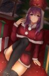  1girl absurdres alternate_costume bangs belt box christmas christmas_tree commission dress eremiya fire_emblem fire_emblem:_new_mystery_of_the_emblem fur_trim gift gift_box hair_between_eyes highres indoors long_hair long_sleeves looking_at_viewer miniskirt nei_(aduma1120ponpon) over-kneehighs purple_eyes purple_hair red_dress red_headwear santa_costume sitting skeb_commission skirt smile solo thighhighs tree window 