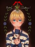  1boy black_background blonde_hair blush bomhat commentary eugeo green_eyes hand_on_own_chin hand_up highres long_sleeves looking_at_viewer male_focus merry_christmas mistletoe otoko_no_ko parted_lips short_hair sleeves_past_wrists striped striped_sweater sweater sword_art_online upper_body white_sweater 