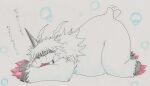  anthro ass_up bandai_namco blue_eyes blush claws digimon digimon_(species) flirting fur horn ikkakumon japanese_text male solo tabasukotrr tail_motion tailwag text traditional_media_(artwork) tusks white_body white_fur 