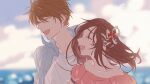  1boy 1girl :d bangs bare_shoulders blue_jacket blue_sky brown_hair closed_eyes cloud cloudy_sky hair_ribbon highres jacket jewelry key long_hair luke_pearce_(tears_of_themis) nacloooo necklace open_mouth outdoors pink_shirt ribbon rosa_(tears_of_themis) shirt short_hair sky smile tears_of_themis white_shirt wind wind_lift 