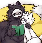  ambiguous_gender anthro bean_bag black_body black_fur black_hair black_sclera blue_eyes book canid canine canis changed_(video_game) claws duo fur goo_creature hair hi_res holding_object lin_(changed) long_hair male mammal mew_orr open_mouth puro_(changed) reading reading_book sitting white_body white_eyes white_fur white_hair wolf 