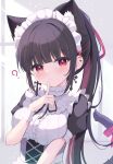  1girl :&lt; ? animal_ear_fluff animal_ears bangs black_dress black_hair black_ribbon blunt_bangs blush breasts cat_ears cat_girl cat_tail closed_mouth commentary_request dress earrings eyebrows_visible_through_hair hand_up head_tilt heart highres jewelry long_hair looking_at_viewer maid maid_headdress medium_breasts mikaze_oto multicolored_hair neck_ribbon original ponytail puffy_short_sleeves puffy_sleeves red_eyes red_hair ribbon short_sleeves sidelocks solo streaked_hair tail tail_raised two-tone_hair upper_body very_long_hair wrist_cuffs 