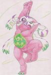  animal_skin anthro bandai_namco belly digimon digimon_(species) hi_res horn male overweight pink_body psychemon solo tabasukotrr traditional_media_(artwork) 