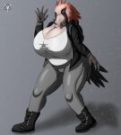  accipitrid accipitriform anthro avian backpack bearded_vulture belt_boots big_breasts biker_jacket bird boots breasts clothing covenant_(artist) curvaceous curvy_figure feathers female footwear gesture hi_res huge_breasts hyper hyper_breasts jacket merchant old_world_vulture shirt simple_background solo sparkles topwear trader vendor_vulture voluptuous vulture waving 