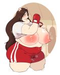  2021 anthro areola big_breasts blush bodily_fluids boxing_gloves breasts brown_hair butt clothed clothing clothing_lift female genital_fluids hair handwear hi_res huge_breasts long_hair mammal nipples overweight overweight_anthro overweight_female polar_bear pussy_juice pussy_juice_through_clothing red_eyes roly shirt shirt_lift signature solo steam sweat sweaty_breasts topwear ursid ursine wet wet_clothing 