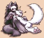  &lt;3 3_toes 4_fingers ambiguous_gender anthro black_body black_fur black_hair black_sclera blush canid canine canis changed_(video_game) chest_tuft claws daww duo face_in_chest feet fingers fur hair hi_res lin_(changed) long_fur long_hair male mammal mask mew_orr open_mouth orange_background patting pawpads paws puro_(changed) simple_background sitting toes tuft white_body white_eyes white_fur white_hair wolf 