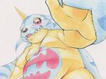  ambiguous_gender animal_skin anthro bandai_namco belly blush digimon digimon_(species) gabumon hi_res horn looking_at_viewer looking_down low-angle_view reaching_towards_viewer red_eyes simple_background slightly_chubby smile solo tabasukotrr white_background yellow_body 