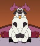 anthro bandai_namco bed bedroom_eyes bell big_breasts big_butt blep bodily_fluids bovid bovid_horn bovid_taur breasts butt caprine caprine_horn caprine_taur cloven_hooves collar curved_horn curvy_figure digimon digimon_(species) digimon_taur facial_markings female feral fur furniture genitals hair head_markings hi_res hooves horn huge_breasts huge_butt hyper hyper_breasts karnator lactating leaking looking_at_viewer mammal mammal_taur markings milk narrowed_eyes nipples nude on_bed pajiramon presenting presenting_breasts pussy ram_horn red_eyes red_sclera seductive sheep sheep_taur simple_background sitting solo taur thick_thighs tongue tongue_out voluptuous white_body white_fur white_hair wide_hips 
