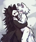  ambiguous_gender anthro black_body black_fur black_sclera blue_eyes blush blush_lines canid canine canis changed_(video_game) claws crotch_tuft daww duo embrace fur goo_creature hair head_tuft hi_res hug lifting_partner lin_(changed) long_fur long_hair male male/ambiguous mammal mask mew_orr one_eye_closed puro_(changed) simple_background smile tuft white_background white_body white_eyes white_fur white_hair wink wolf 