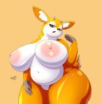  2021 absurd_res aggressive_retsuko anthro big_breasts breasts cervid digital_media_(artwork) female fingers fur genitals hi_res huge_breasts mammal multicolored_body multicolored_fur nude open_mouth overweight overweight_female pussy ranthfox sanrio thick_thighs tsunoda two_tone_body two_tone_fur 