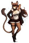  1girl absurdres animal_ears arknights arm_up armpits artist_name boots breasts brown_fur brown_hair cleavage collar commission cosplay fang full_body fur fur-trimmed_jacket fur_trim furry furry_female hair_between_eyes hand_on_hip highres jacket large_breasts lion_ears lion_girl lion_tail long_hair long_sleeves looking_at_viewer original pgm300 shorts siege_(arknights) siege_(arknights)_(cosplay) simple_background solo standing tail thigh_strap two-tone_fur watermark white_background yellow_eyes 