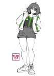  1girl ben_10 ben_10:_omniverse benjamin_kirby_tennyson black_shirt full_body genderswap genderswap_(mtf) green_eyes highres jacket kamira_naito looking_at_viewer loose_clothes shirt shoes short_hair shorts smile solo white_jacket 