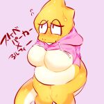  1:1 alphys blush bodily_fluids breasts clothed clothing dinosaur eyewear featureless_breasts female glasses hoodie humanoid nuba_ball pink_background pink_clothing pink_hoodie pink_topwear raised_clothing raised_hoodie raised_topwear reptile scalie simple_background solo sweat topwear undertale_(series) white_body white_skin yellow_body yellow_skin 