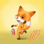  ambiguous_gender anthro black_eyes butt canid canine fox foxtrot_mascot hi_res mammal maulnarch_blooderfly open_mouth shopping_bag simple_background solo yellow_background 