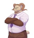  2021 absurd_res alpha_channel anthro belly bottomwear bovid brown_body brown_fur caprine clothing eyewear forrest_langenkamp fur glasses hi_res male mammal mature_male necktie overweight overweight_male pants rmikkyart shirt simple_background solo somniumvn topwear transparent_background 