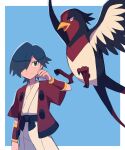 1boy alternate_color bird black_sash blue_eyes blue_hair closed_mouth falkner_(pokemon) hair_over_one_eye hand_up highres jacket japanese_clothes kimono looking_up male_focus open_clothes open_jacket pants pokemon pokemon_(creature) pokemon_(game) pokemon_masters_ex red_jacket red_wristband sash short_hair short_sleeves smile swellow tyako_089 white_kimono white_pants wristband 