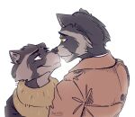  2021 absurd_res anthro backbone_(game) clothing coat duo fur grey_body grey_fur hi_res howard_lotor jackiry kissing larry_(backbone) male male/male mammal nose_kiss procyonid raccoon simple_background topwear trenchcoat video_games white_background yellow_eyes 
