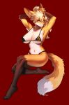  1girl absurdres animal_ears armpits arms_up bikini blonde_hair breasts brown_fur fang fluffy fox_ears fox_girl fox_tail full_body fur furry furry_female hair_between_eyes highres large_breasts looking_at_viewer micro_bikini navel original pgm300 ponytail snout solo swimsuit tail yellow_eyes yellow_fur 